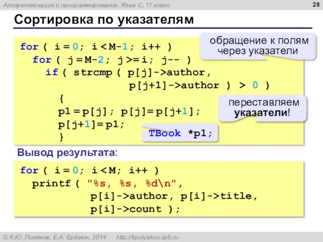 Сортировка по указателям for ( i = 0; i for (