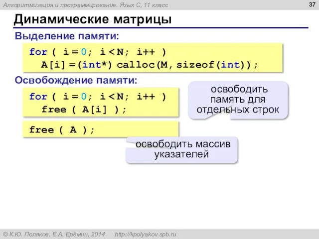 Динамические матрицы for ( i = 0; i A[i] =(int*) calloc(M,