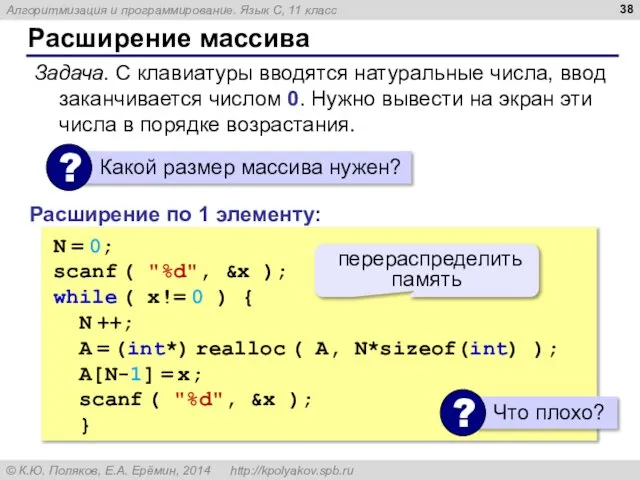 Расширение массива Задача. С клавиатуры вводятся натуральные числа, ввод заканчивается числом