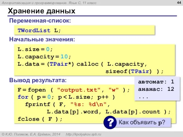 Хранение данных TWordList L; Переменная-список: L.size = 0; L.capacity = 10;