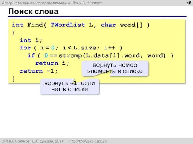 Поиск слова int Find( TWordList L, char word[] ) { int