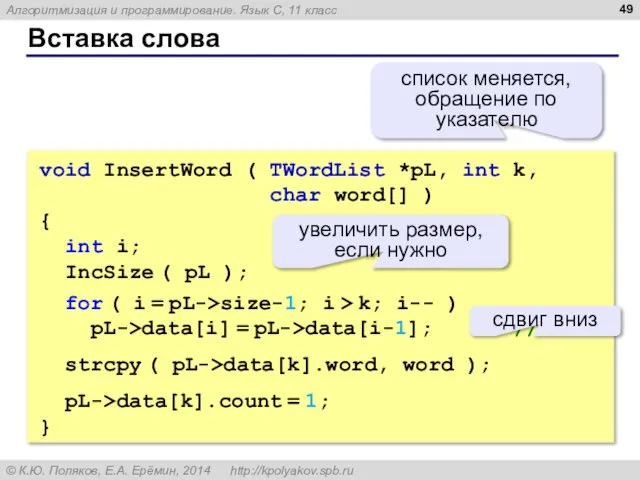 Вставка слова void InsertWord ( TWordList *pL, int k, char word[]