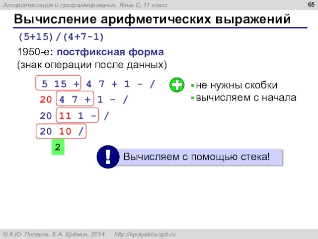 Вычисление арифметических выражений (5+15)/(4+7-1) 1950-е: постфиксная форма (знак операции после данных)