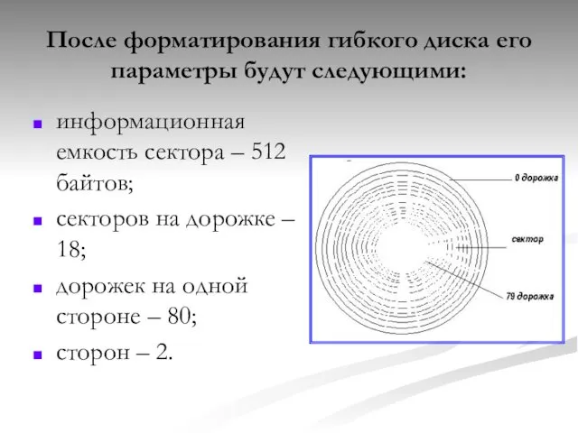 После форматирования гибкого диска его параметры будут следующими: информационная емкость сектора