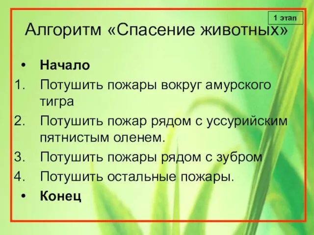 Алгоритм «Спасение животных» Начало Потушить пожары вокруг амурского тигра Потушить пожар