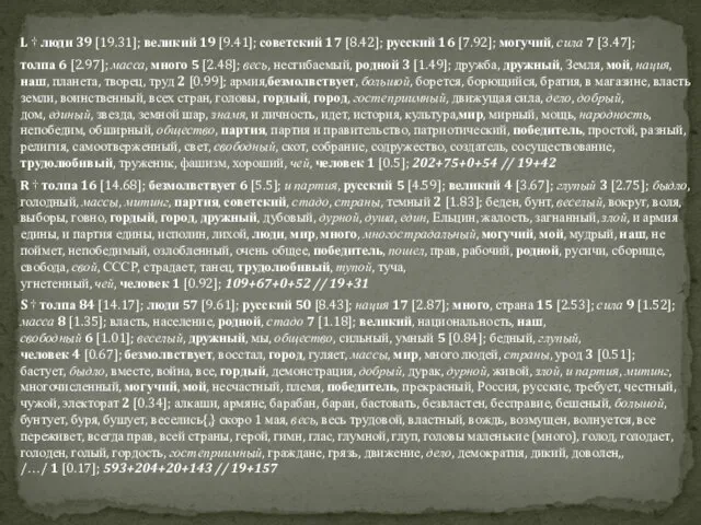 L  люди 39 [19.31]; великий 19 [9.41]; советский 17 [8.42];