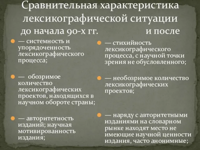 Сравнительная характеристика лексикографической ситуации до начала 90-х гг. и после —