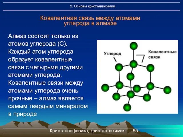 Кристаллофизика, кристаллохимия Ковалентная связь между атомами углерода в алмазе Алмаз состоит