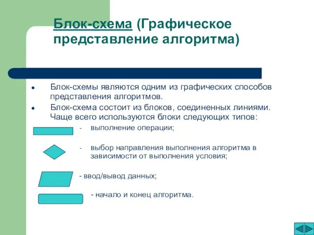 Блок-схема (Графическое представление алгоритма) Блок-схемы являются одним из графических способов представления