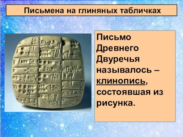 Письмена на глиняных табличках Письмо Древнего Двуречья называлось – клинопись, состоявшая из рисунка.