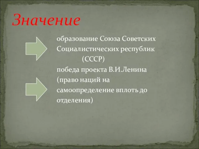 образование Союза Советских Социалистических республик (СССР) победа проекта В.И.Ленина (право наций