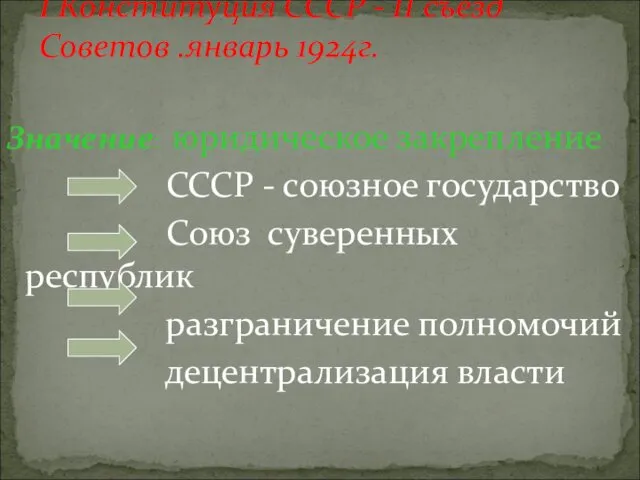 Значение: юридическое закрепление СССР - союзное государство Союз суверенных республик разграничение