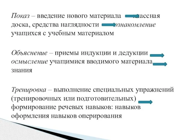 Показ – введение нового материала классная доска, средства наглядности ознакомление учащихся