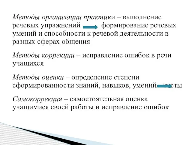 Методы организации практики – выполнение речевых упражнений формирование речевых умений и