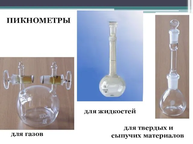 для твердых и сыпучих материалов для газов ПИКНОМЕТРЫ для жидкостей