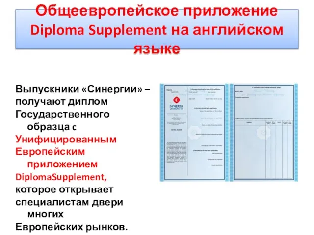 Общеевропейское приложение Diploma Supplement на английском языке Выпускники «Синергии» – получают