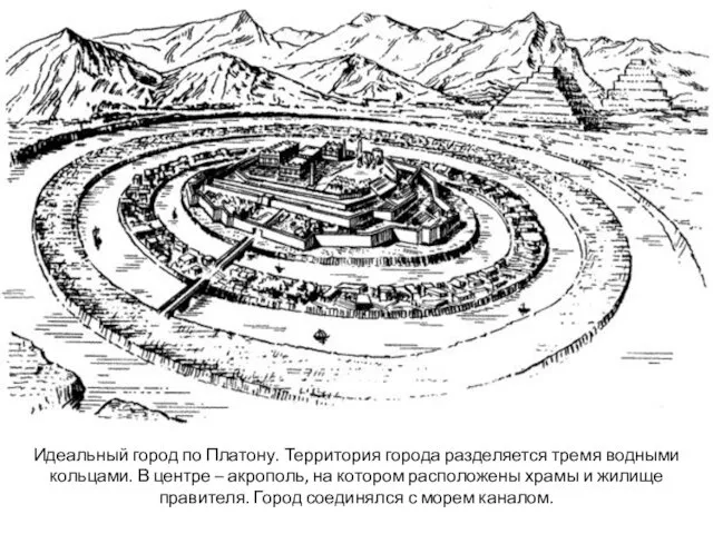 Идеальный город по Платону. Территория города разделяется тремя водными кольцами. В