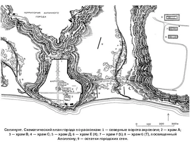 Селинунт. Схематический план города по раскопкам: 1 — северные ворота акрополя;