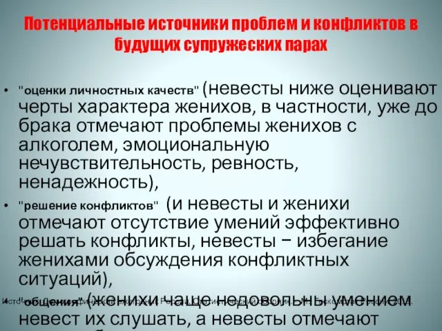 Потенциальные источники проблем и конфликтов в будущих супружеских парах "оценки личностных