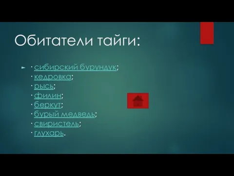 Обитатели тайги: · сибирский бурундук; · кедровка; · рысь; · филин;