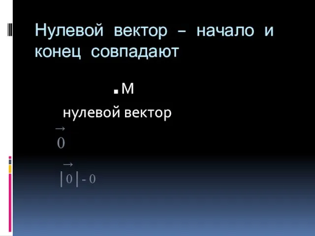 Нулевой вектор – начало и конец совпадают .М нулевой вектор → 0 → │0│- 0