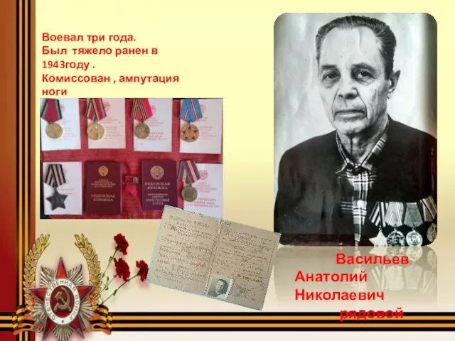 Васильев Анатолий Николаевич рядовой Воевал три года. Был тяжело ранен в