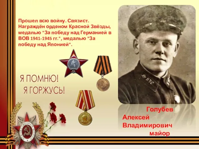 Голубев Алексей Владимирович майор Прошел всю войну. Связист. Награждён орденом Красной