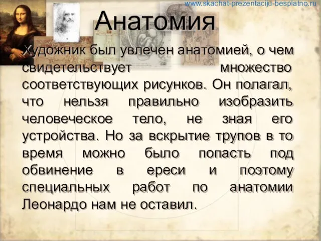 Анатомия Художник был увлечен анатомией, о чем свидетельствует множество соответствующих рисунков.