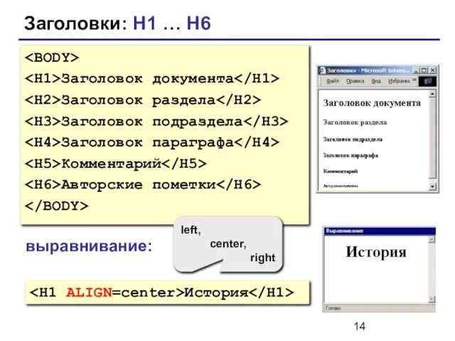 Заголовки: H1 … H6 Заголовок документа Заголовок раздела Заголовок подраздела Заголовок