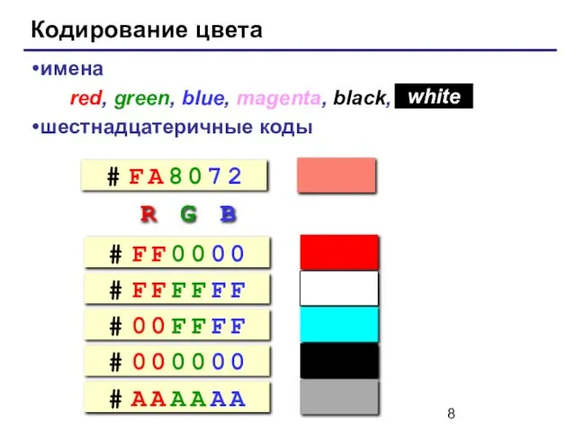 Кодирование цвета имена red, green, blue, magenta, black, шестнадцатеричные коды white