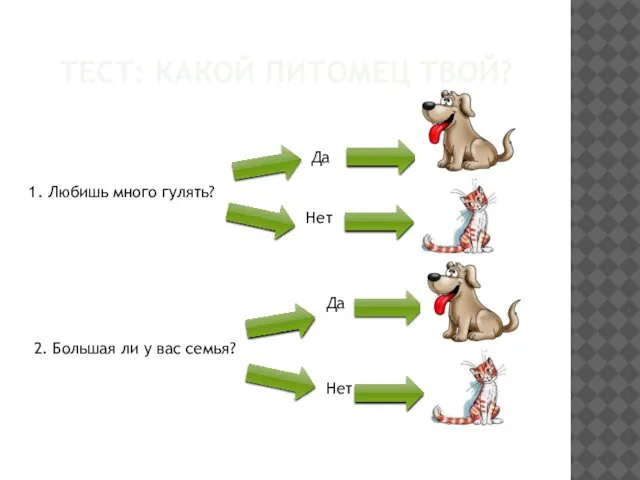 ТЕСТ: КАКОЙ ПИТОМЕЦ ТВОЙ? 1. Любишь много гулять? Да Нет 2.