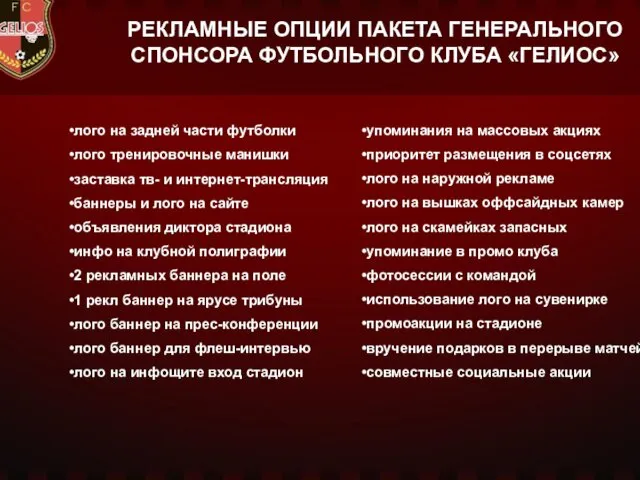 РЕКЛАМНЫЕ ОПЦИИ ПАКЕТА ГЕНЕРАЛЬНОГО СПОНСОРА ФУТБОЛЬНОГО КЛУБА «ГЕЛИОС» лого на задней