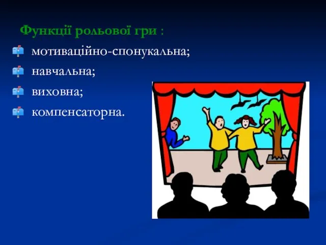 Функції рольової гри : мотиваційно-спонукальна; навчальна; виховна; компенсаторна.