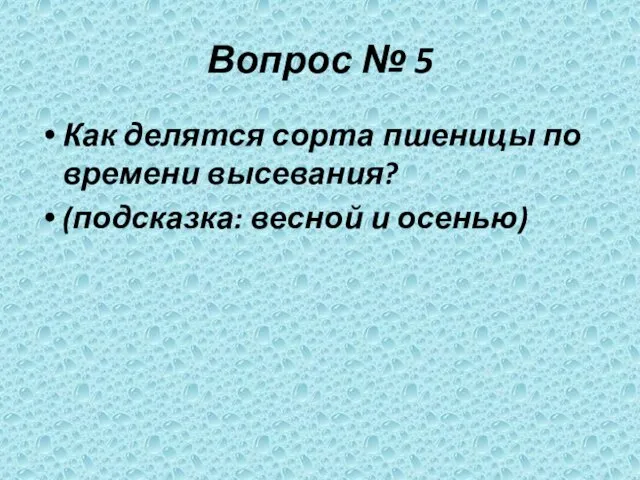 Вопрос № 5 Как делятся сорта пшеницы по времени высевания? (подсказка: весной и осенью)