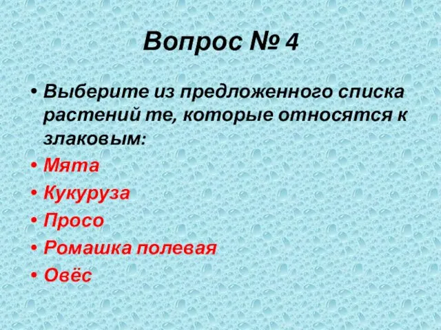 Вопрос № 4 Выберите из предложенного списка растений те, которые относятся