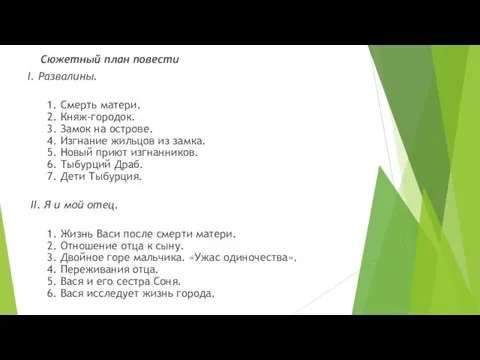 Сюжетный план повести I. Развалины. 1. Смерть матери. 2. Княж-городок. 3.