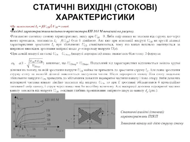 Статичні вихідні (стокові) характеристики ПТКП Змикання каналу під дією струму стоку СТАТИЧНІ ВИХІДНІ (СТОКОВІ) ХАРАКТЕРИСТИКИ