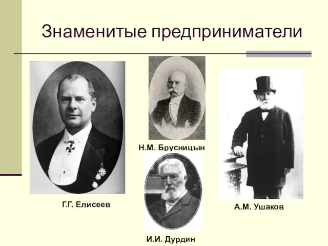 Знаменитые предприниматели Н.М. Брусницын И.И. Дурдин Г.Г. Елисеев А.М. Ушаков