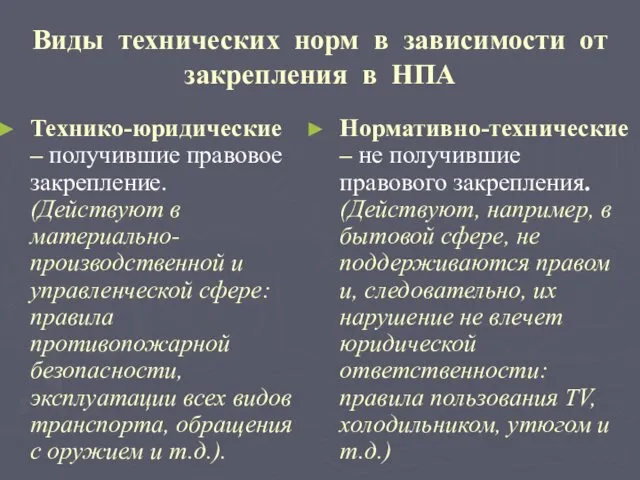 Виды технических норм в зависимости от закрепления в НПА Технико-юридические –