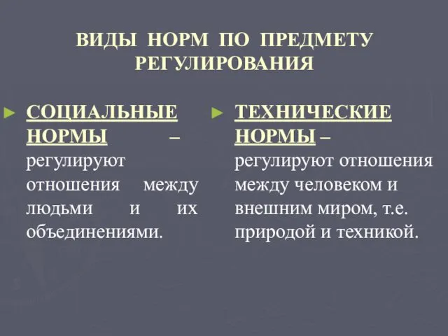 ВИДЫ НОРМ ПО ПРЕДМЕТУ РЕГУЛИРОВАНИЯ СОЦИАЛЬНЫЕ НОРМЫ – регулируют отношения между