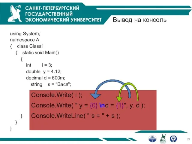 Вывод на консоль using System; namespace A { class Class1 {