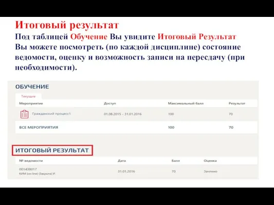 Итоговый результат Под таблицей Обучение Вы увидите Итоговый Результат Вы можете