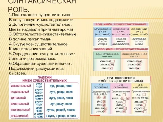 СИНТАКСИЧЕСКАЯ РОЛЬ. 1.Подлежащие-существительное : В лесу распустились подснежники. 2.Дополнение-существительное : Цветы