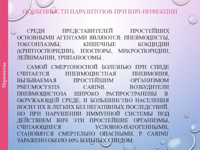 ОСОБЕННОСТИ ПАРАЗИТОЗОВ ПРИ ВИЧ-ИНФЕКЦИИ СРЕДИ ПРЕДСТАВИТЕЛЕЙ ПРОСТЕЙШИХ ОСНОВНЫМИ АГЕНТАМИ ЯВЛЯЮТСЯ: ПНЕВМОЦИСТЫ,