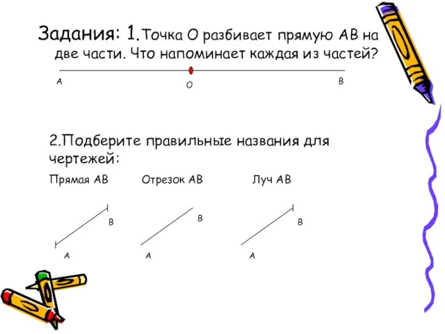 Задания: 1.Точка О разбивает прямую АВ на две части. Что напоминает