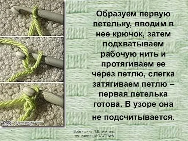 * Войтишина Л.В. учитель технологии МОАУГ №8 Образуем первую петельку, вводим