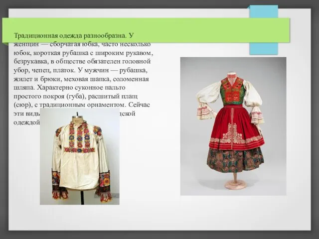 Традиционная одежда разнообразна. У женщин — сборчатая юбка, часто несколько юбок,