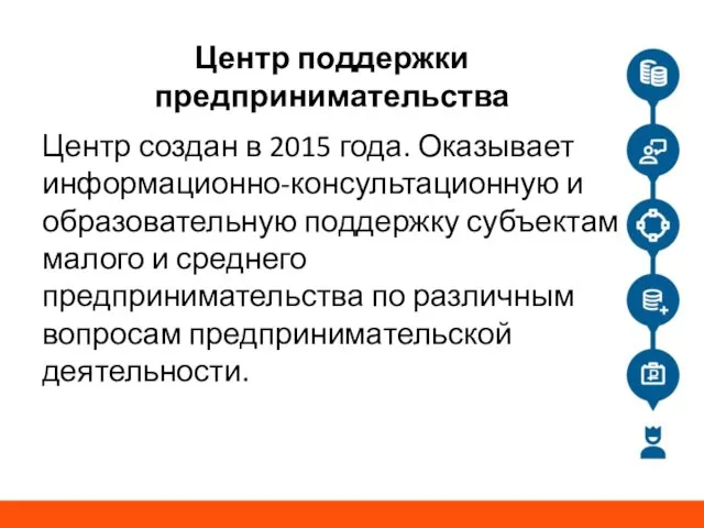 Центр поддержки предпринимательства Центр создан в 2015 года. Оказывает информационно-консультационную и