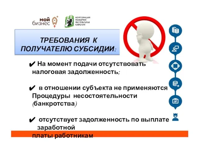 ТРЕБОВАНИЯ К ПОЛУЧАТЕЛЮ СУБСИДИИ: На момент подачи отсутствовать налоговая задолженность; в