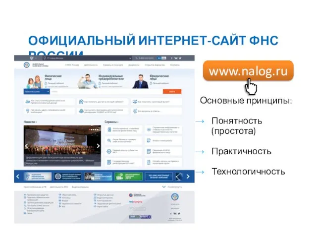 ОФИЦИАЛЬНЫЙ ИНТЕРНЕТ-САЙТ ФНС РОССИИ Основные принципы: Понятность (простота) Практичность Технологичность www.nalog.ru